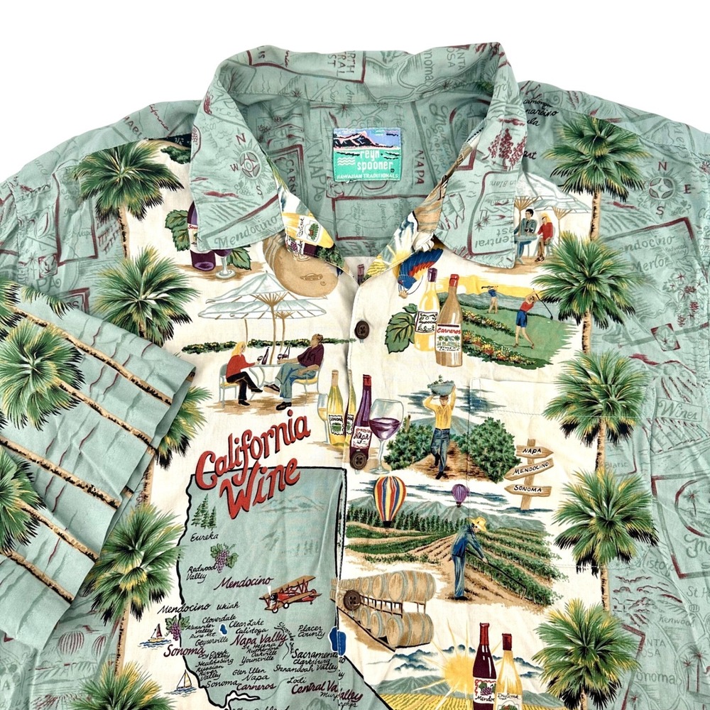 VTG Reyn Spooner California Wine Hawaiian Shirt Mens LG Green Short Sleeve XL